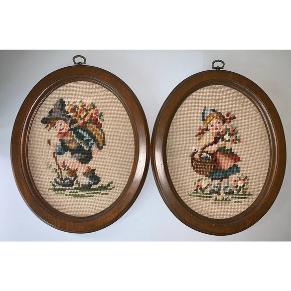 Vintage 1976 Lot Of 2 Needlepoint Tapestry Wooden Wall Hanging Signed Framed